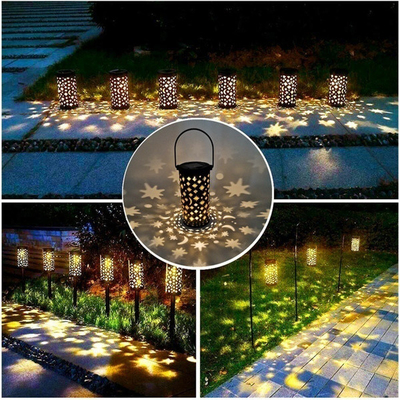 Iron Hollow Solar Lanterns For Outside Star Moon Retro Light Terrace Path Decoration IP66